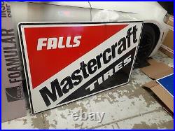 Original Vintage Falls Mastercraft Tires Sign Metal Embossed Dealer Gas Oil HUGE