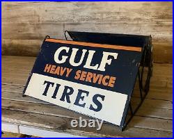 RARE LARGE Vintage Original GULF HEAVY SERVICE TIRES DS Metal Stand Sign Has Oil