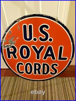 RARE VINTAGE 1940s U. S. ROYAL CORDS TIRES PORCELAIN SIGN DOUBLE SIDED-24 DIA