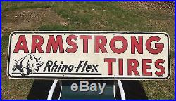 RARE Vintage ARMSTRONG Rhino Flex TIRES Gas Oil Station Tin Embossed Sign 60x18