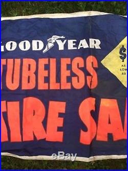 RARE Vintage GOODYEAR Tubeless TIRES Sale Gas Station Dealer Banner Sign 56x32