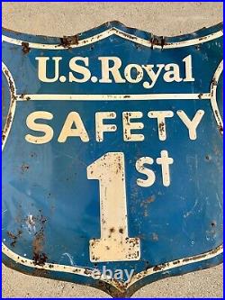 Rare Large Vintage U. S. Royal Tires Safety 1st Heavy Metal Embossed Sign A. M. 58