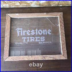 Rare Vintage Firestone Brand Tires Wood Framed Etched Door Glass Sign Unique
