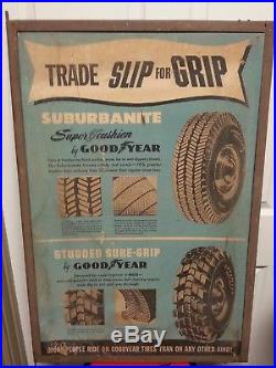 Rare Vintage GOODYEAR Tires Winged Foot Double Sided Cardboard Sign Metal Frame