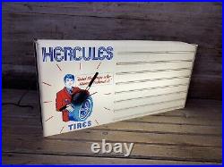 Rare Vintage HERCULES TIRES Lighted Plastic Dealer Advertising Clock Sign