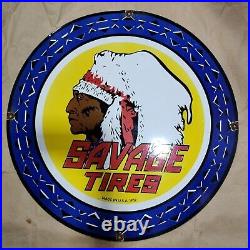 Savage Tires Porcelain Enamel Sign 30 Inches Round