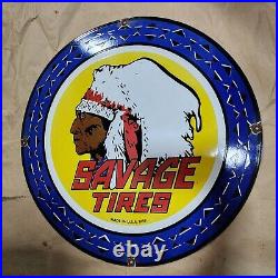 Savage Tires Porcelain Enamel Sign 30 Inches Round