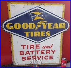 VINTAGE 1950's GOODYEAR TIRES & BATTERY SERVICE OIL GAS EMBOSSED METAL SIGN USA