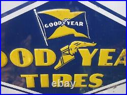 VINTAGE 1950's GOODYEAR TIRES & BATTERY SERVICE OIL GAS EMBOSSED METAL SIGN USA