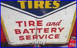 VINTAGE 1950's GOODYEAR TIRES & BATTERY SERVICE OIL GAS EMBOSSED METAL SIGN USA