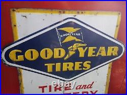 VINTAGE 1950's GOODYEAR TIRES & BATTERY SERVICE OIL GAS EMBOSSED METAL SIGN USA