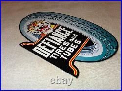 VINTAGE DEFIANCE TIRES AND TUBES With TIGER DIECUT 12 METAL GASOLINE & OIL SIGN