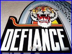 VINTAGE DEFIANCE TIRES AND TUBES With TIGER DIECUT 12 METAL GASOLINE & OIL SIGN