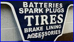 VINTAGE DIE CUT STEEL FIRESTONE TIRES AND BATTERIES SIGN 36 by 25 INCHES
