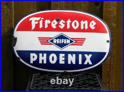 VINTAGE FIRESTONE PORCELAIN SIGN 19-1/2 x 12 REIFEN PHOENIX OIL TIRES GARAGE