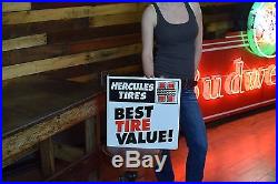 VINTAGE Hercules Tires sign 2 sided flange Gas Oil Station Advertising 1980's
