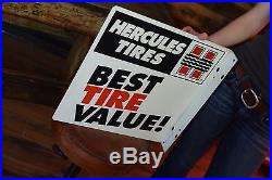 VINTAGE Hercules Tires sign 2 sided flange Gas Oil Station Advertising 1980's
