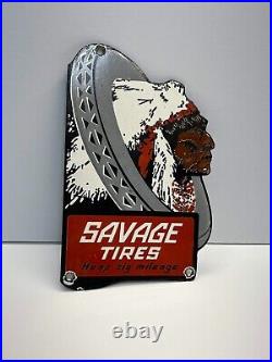 VINTAGE Porcelain Savage Tires Indian Head Service Sign 5WX 8T small chips