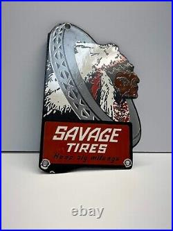 VINTAGE Porcelain Savage Tires Indian Head Service Sign 5WX 8T small chips