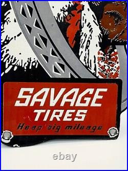 VINTAGE Porcelain Savage Tires Indian Head Service Sign 5WX 8T small chips