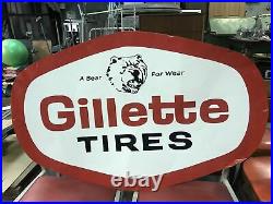 VTG 1970s Gillette Tires A BEAR GOR WEAR Metal Sign Gas Oil 47.5 Long X 30 Tal
