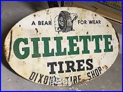 VinTage ORIGINAL GILLETTE TIRES Double Sided DST SIGN Car Truck GaS OiL OLD BEAR