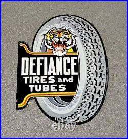 Vintage 12 Defiance Tires Tube Tiger Cat Motor Oil Porcelain Sign Car Gas