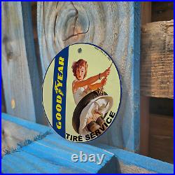 Vintage 1898 Goodyear Tire Service Porcelain Gas Oil 4.5 Sign