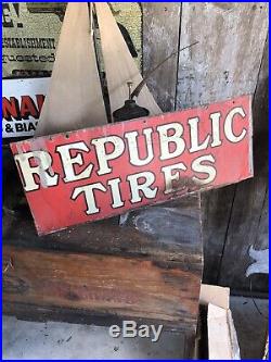 Vintage 1920s REPUBLIC TIRES Metal Gas Oil 2-Sided 24 Original Sign Rare