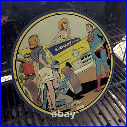 Vintage 1939 Good Year Tires''Batman And Superman'' Porcelain Gas & Oil Sign