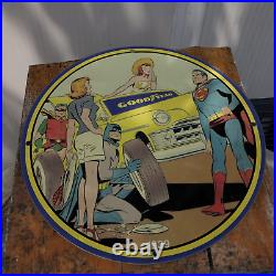 Vintage 1939 Good Year Tires''Batman And Superman'' Porcelain Gas & Oil Sign