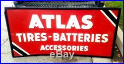 Vintage 1940's Atlas Tires Batteries Embossed 72 Metal Gas Oil Sign Clean