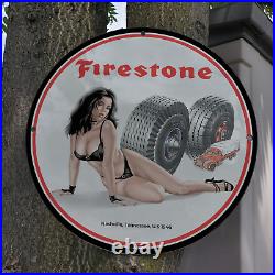 Vintage 1946 Firestone Tire And Rubber Company Porcelain Gas & Oil Pump Sign