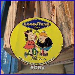 Vintage 1948 Goodyear Tire And Battery Service Lulu Porcelain 4.5 Sign