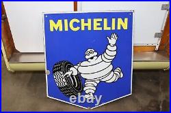 Vintage 1950 Michelin Tire Service Station Double Sided Porcelain Sign FRANCE