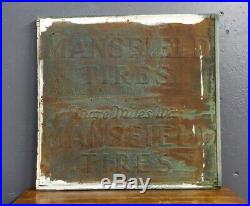 Vintage 1950s Mansfield Tires Gas Station Metal Sign Embossed 30X31 wood frame
