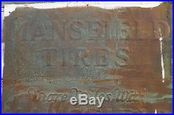 Vintage 1950s Mansfield Tires Gas Station Metal Sign Embossed 30X31 wood frame