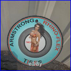 Vintage 1953 Armstrong Rhino-flex Premium Tires Porcelain Gas Oil 4.5 Sign
