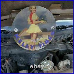Vintage 1955 Kelly Tires Manufacturing Company Porcelain Gas & Oil Pump Sign