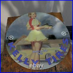 Vintage 1955 Kelly Tires Manufacturing Company Porcelain Gas & Oil Pump Sign