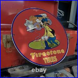 Vintage 1958 Firestone Tires And Rubber Company Porcelain Gas & Oil Pump Sign