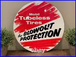 Vintage 1960's Mobil Tubeless Tires Steel Sign 16.5