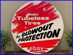 Vintage 1960's Mobil Tubeless Tires Steel Sign 16.5