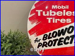 Vintage 1960's Mobil Tubeless Tires Steel Sign 16.5