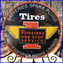 Vintage 1962 Dated Firestone One-stop Service Porcelain Gas Sign Tires