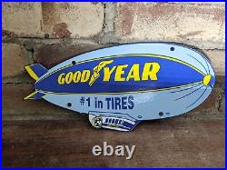 Vintage 1962 Goodyear Tire Blimp Porcelain Metal Gas Station Door Sign 12 X 6