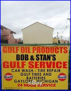 Vintage 1968 Bob & Stan Gulf Gas Oil Tire Station Banner Sign Gaylord Michigan