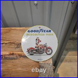 Vintage 1968 Goodyear Motorcycle Tires Porcelain Gas Oil 4.5 Sign