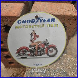 Vintage 1968 Goodyear Motorcycle Tires Porcelain Gas Oil 4.5 Sign