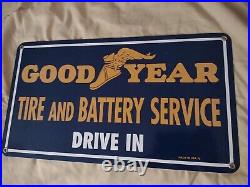 Vintage 1975 Goodyear Porcelain Sign Old Tire Automobile Part Gas Oil Battery